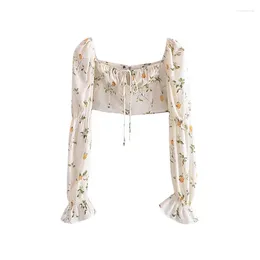 Women's Blouses French Style Flower Square Collar Shirt Women Long Sleeves Lace-up Printing Sweet Short Tops Elegant Simple Slim T-shirts