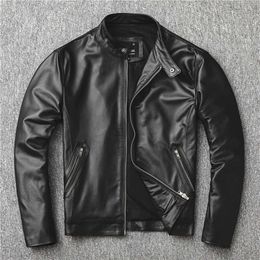 Jaqueta de couro de motocicleta de camada superior para homens slim fit pele de carneiro gola curta