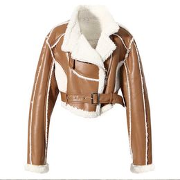 Ladies Winter Thicken Outwear Polar Tech Fleece Fur Sherpa Faux Leather Cropped Shearling Coat Womens Motorcycle Biker Jacket