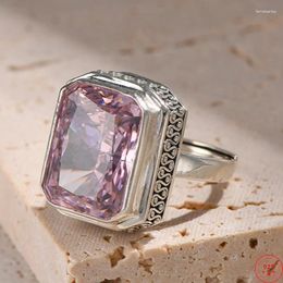 Cluster Rings S925 Sterling Silver For Women Men Fashion Pink Zircon Square Opening Luxury Geometric-ring Jewelry