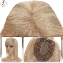 Toppers TESS Hair Toppers With Bangs 13x15cm Women Topper Natural Hair Wigs Clip In Human Hair Extension 12inch Women Hairpiece Blonde