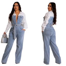 Br3542 Fashionable Casual Denim Stitching Plus Size Womens Jumpsuit with Belt