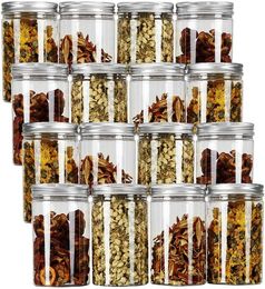 Tebery 16 Pack Clear Plastic Jars Bottles Containers with Silver Ribbed Lids 20oz Straight Cylinders Canisters for Food Home Sto7828797