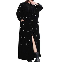 Winter and Autumn Slim Waist Buttoned Metal Decoration Velvet Blazer Long Trench Coat for Women Ladies