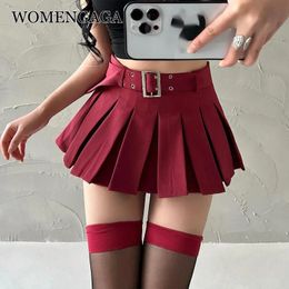 WOMENGAGA Summer Skorts High-quality Sexy A-LINE Safety Skirts Pleated Skirt Half Length Short Skirt Belt Fashion Women E4H4 240314