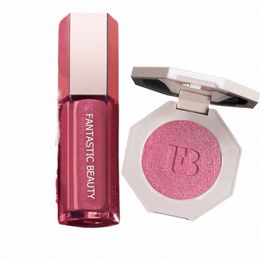 2 In 1 Makeup Set Hot Pink Series Highlighter Powder Shimmer Blush Liquid Lip Gloss Lip Plumper Makeup Box Set E46g#