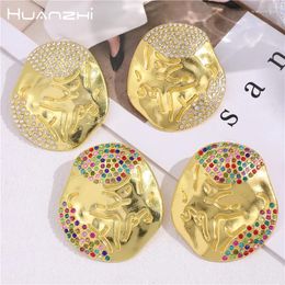 Stud Earrings HUANZHI 5CM Gold Colour Irregular Oval Zircon Large Thick Alloy Retro Exaggerated Jewellery Valentine's Day Gift 2024