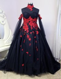 Vintage Black Gothic Wedding Dresses With Red Lace Appliques Sweetheart Neck Corset Lace-Up Back Plus Size Wedding Gown Off Shoulder Long Sleeves A Line Bridal Dress