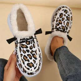 Boots Women Plush Lined Snow Boots Leopard Print Round Toe Slip On Canvas Flats Winter Warm Ankle Boots