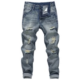 Mens Straight Non-Stretch Cotton Causal Fashion Slashed and Ripped Denim Pants Jeans 240320