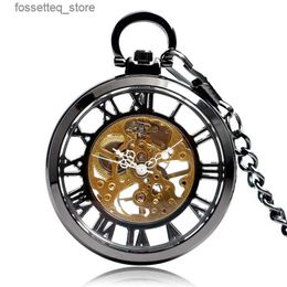 Pocket Watches Classic Tren Handmade Wrapped Pocket Steampunk Pendant Black Case Mechanical Watch Mens Fob Chain Birthday Christmas Gift L240322