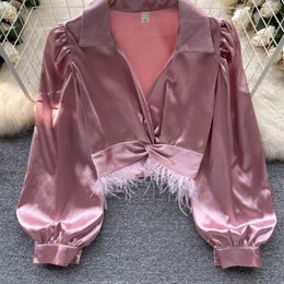 Women's Blouses Chic Sexy Satin Long Sleeve Tassels Shirt Elegant Criss-cross Crop Top V Neck Vintage Fashion Tees Female Spring Summer