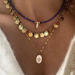 Pendant Necklaces Boho Vintage Lapis Lazuli Beaded Necklace Zircon Bohemian Multi-Layered Handmade Jewellery Natural Stone