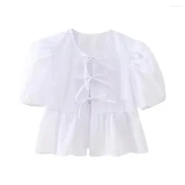 Women's Blouses 2024 Cropped White Shirt Women Spring Tie Straps Shirts And Woman Clothing Vintage Puff Sleeve Top For