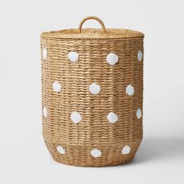 Laundry Bags Natural Woven Paper Dot Floor Kids' Hamper With Lid And Handles For Child's Room Organisation