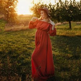 Bohemian Maternity Po Shoot Dress Comfort Linen Cotton One Shoulder For Pregnant Women Boho Style Baby Shower 240309