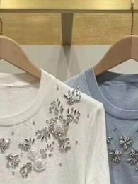 Women's T Shirts Rhinestone Decorated Women O-Neck T-Shirt S Fashion Short Sleeve White Or Blue 2024 Spring And Summer Ladies Tshirt