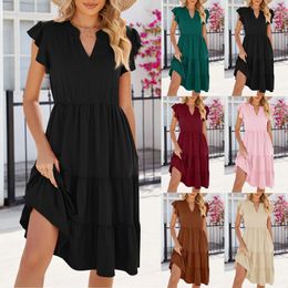 Casual Dresses Summer Women V Neck Ruffled Dress Fashion Solid Colour Short Sleeve Loose Tierred Pleated Swing Elegant Robe