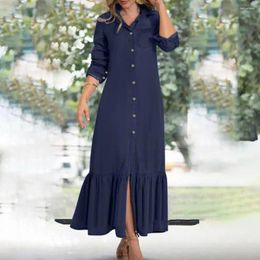 Casual Dresses Lapel Long Sleeve Dress Elegant Women's Maxi Denim With Ruffle Patchwork Turn-down Collar Stylish For Spring