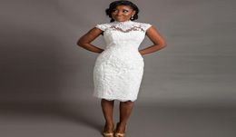 2016 Corset High Neck Lace Wedding Dresses Vintage Sheer Neck Knee Length Wedding Dress Floral Appliques Cap Sleeve African Weddin9251242