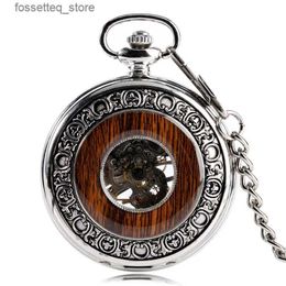 Pocket Watches Cool Xmas Gift Silver Hand Wind Luxury Steampunk Windup Mechanical Pocket Wood Style Circle Vintage Stylish Special Design L240322