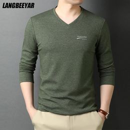 Top Quality Fashion Brand Solid Color Plain V Neck Long Sleeve t Shirt Men Cotton Casual Men Clothes 240309