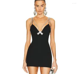 Casual Dresses DEIVE TEGER Party Dress Women Luxury Crystal Bow Spaghetti Strap Black Sleeveless Sexy Mini Bodycon Bandage Vestido