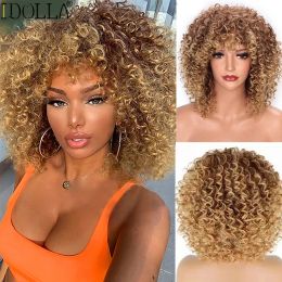 Wigs Idolla Short Curly Blonde Wig Synthetic Afro Kinky Curly Wig With Bangs For Black Women Natural Ombre Blonde Cosplay Wig