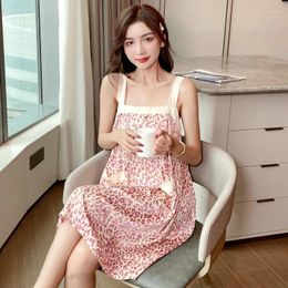 Women's Sleepwear Sexy Pink Leopard Print Nightgown Spaghetti Strap Nightdress Loose Knee-length Sleepshirt Skirt Underwear Home Dressing