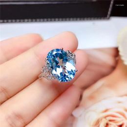 Cluster Rings Natural Topaz Ring 10 14MM Blue Gemstone Jewellery Luxuriant For Women Anniversary Birthday Gift Real 925 Sterling Silver