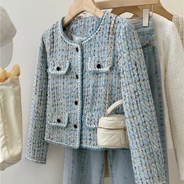 Autumn Winter Blue Tweed Knitted Coat Womens French Style Overcoat Small Fragrant Outwear Suit Top Short Jacket 240315