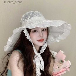 Wide Brim Hats Bucket Hats 2023 New Womens Summer Sun Hat White Lace Fisherman Hat Outdoor Shopping Large Brown Mask Face Breathable Sun Screen Visitors L240322