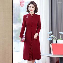 Casual Dresses Chinese Style Dress Evening Elegant LuxurySpring And Autumn Red Mom Embroidery Women Vintage Vestidos