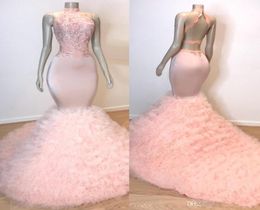 2019 Real Pos Pink Halter Tulle Mermaid Long Prom Dresses Lace Applique Ruffles Layered Sweep Train Evening Gowns Vestidos De F3504251