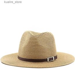 Wide Brim Hats Bucket Hats Size 54-56-58 59-60cm New Natural Panama Straw Hat Summer Mens Wide Brown Beach UV Protection Fedora Sun Hat Wholesale L240322