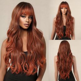 Wigs Ombre Red Brown Long Wavy Synthetic Wigs with Bangs Natural Wave Orange Cosplay Hair Wig for Women Afro Party Use Heat Resistant