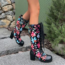 Boots 2023 new autumn winter Women kneehigh boots plus size 2226.5CM Embroidered flowers modern boots lace up high heel long boots