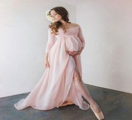 Attractive Chiffon Maternity Dresses For Po Shoot With Long Sleeves Split Front Pregnant Gown Off The Shoulder Custom Made Maxi6744070