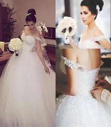 Gorgeous Crystals Sparkly White Ball Gown Wedding Dresses Formal Off the Shoulder Sequins Beading Laceup Back Church Bridal Gowns3955055