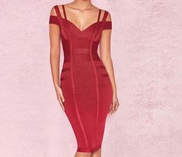 Casual Dresses Fashion Women Bandage Dress Wine Red V-Neck Strap Knee-length Celebrity Evening Club Bodycon Summer Vestido