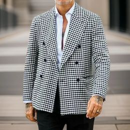 Double Breasted Houndstooth Blazer for Men ed Lapel Custom made Check Plaid Wedding Suit Jacket Male Fashion Coat 2024 240311