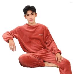 Men's Sleepwear Thickened Pyjamas Set Thick Fleece Winter With Thermal Cold Resistant Round Neck Top Elastic Waist For Cosy