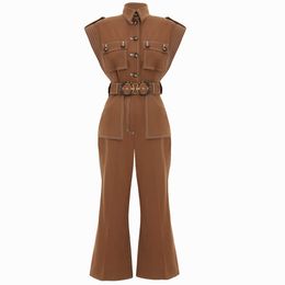 Denim Jumpsuit Women Brown Short Sleeve Rompers Pocket Design Flare Pant Casual Jumpsuits