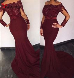 Burgundy Wine Red Long Sleeve Prom Dress Sexy Off Shoulder Applique Special Occasion Dress Party Dress Plus Size vestido de festa 6795749