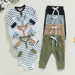 Citgeett Autumn Infant Baby Boy Fall Outfits Long Sleeve Striped Print Romper Pants Set Warm Clothes 240319
