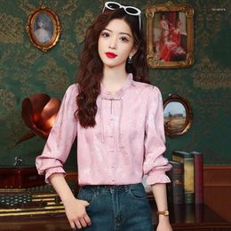 Women's Blouses Satin Shirts Chinese Style Spring/Summer Vintage Clothing Loose Prints Long Sleeve Women Tops YCMYUNYAN