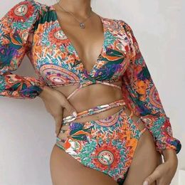 Women's Swimwear Long Sleeve High Waist Bikini Brazilian Ethnic Print Swimsuit Sexy Push Up Two Pieces Bathing Suit Female