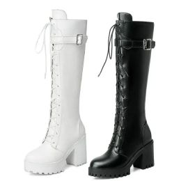 Boots Spring Autumn Lacing Knee High Boots Women Fashion White Square Heel Long Boots Woman Pu Leather Shoes Winter Large Size 43