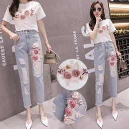 Women's Jeans Ladies Flower Embroidery Casual Ripped For Women Clothing Girls Fashion High Waisted Denim Pants Female Clothes BPAX1025