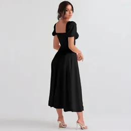 Casual Dresses Family Gathering Outfit Elegant Square Neck Midi Dress With Tiered Ruffles Lace-up Strap Detail Women's A-line Pleated For A